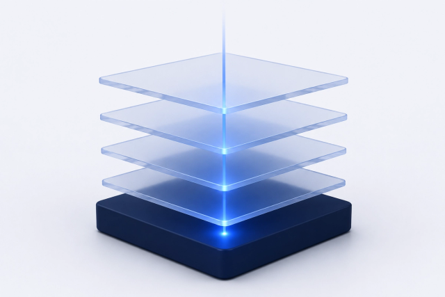 Several thin blue lines descending through stacked translucent layers, most fading out partway down while a single line reaches a bright point at the deepest layer.