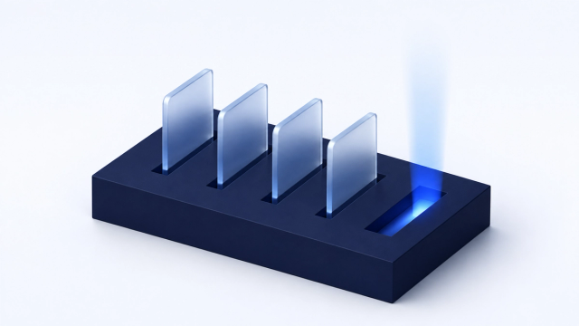 A navy plinth holding four upright translucent glass tiles in a row, with one slot empty and lit