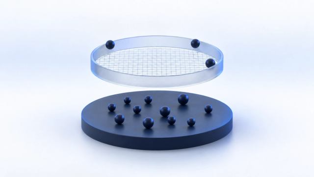 A frosted circular sieve suspended above a navy disc, three dark spheres resting on its rim and thirteen scattered on the disc below