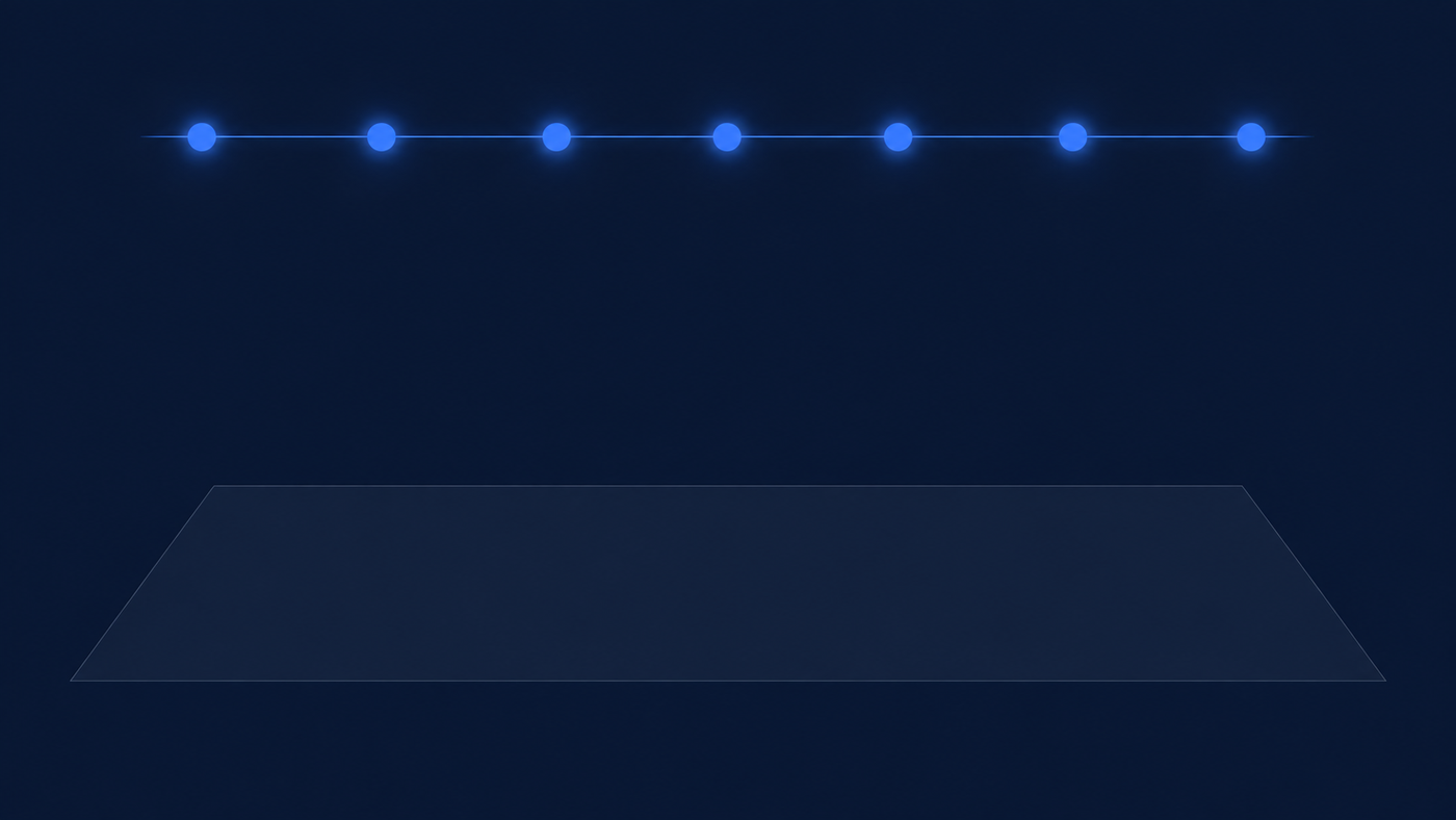 A row of small glowing blue nodes confirmed along a surface line, above a large dark, empty translucent layer beneath with nothing marked on it