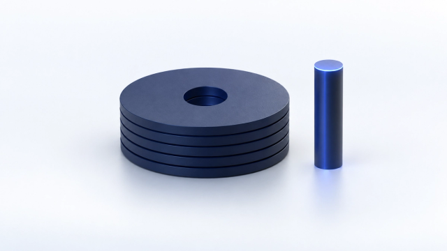 A stack of five navy discs with a cylindrical core removed, the core standing upright beside them