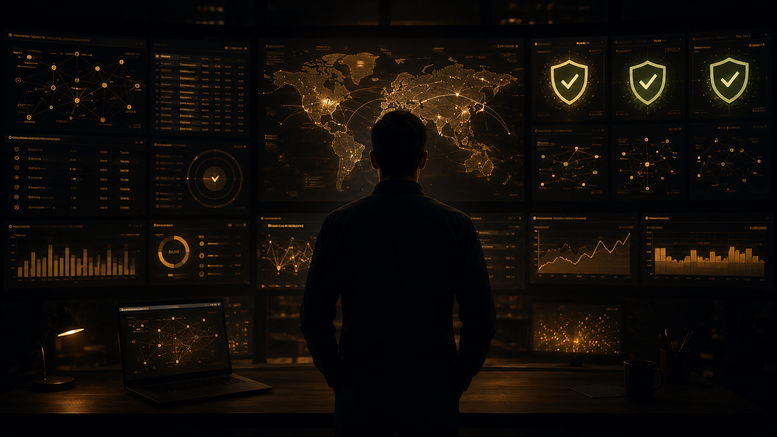 A security engineer seen from behind, standing calmly before a wall of glowing amber dashboards that light up gold as systems are secured, with the human back in control.