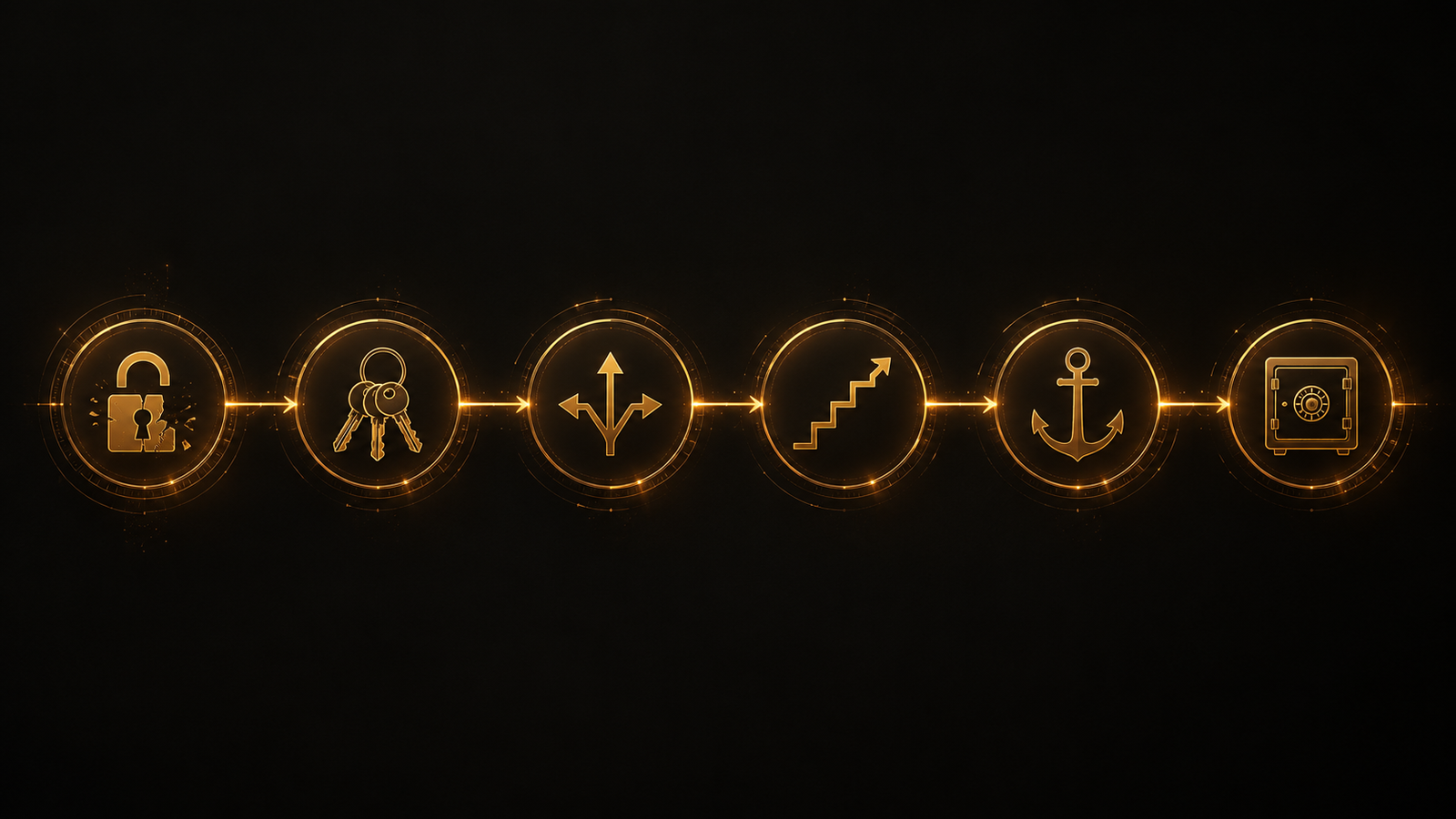 An amber-on-black infographic showing a six-step attack chain flowing left to right: a broken padlock, a stolen key ring, branching arrows, an upward staircase, an anchor, and a locked vault.
