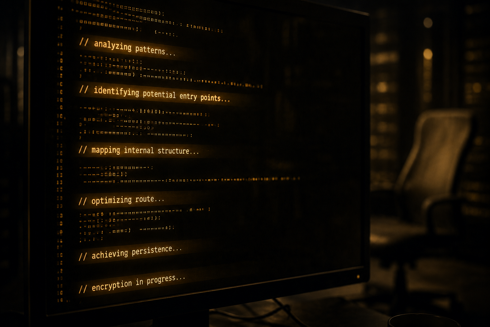 A close-up of a dark terminal screen with amber code, where brighter highlighted lines suggest an AI narrating its own reasoning, and a faint reflection of an empty chair shows in the glass.