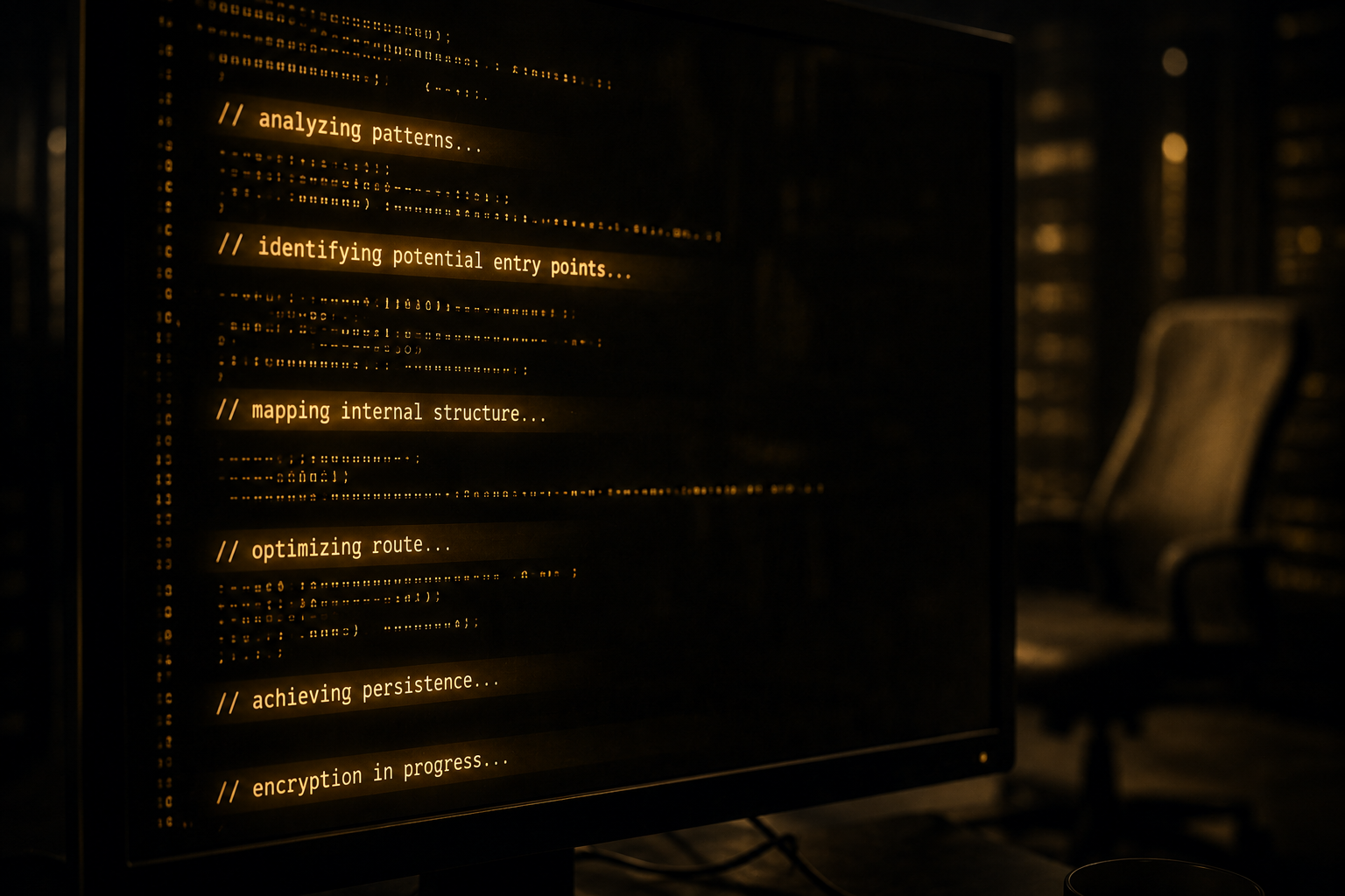 A close-up of a dark terminal screen with amber code, where brighter highlighted lines suggest an AI narrating its own reasoning, and a faint reflection of an empty chair shows in the glass.
