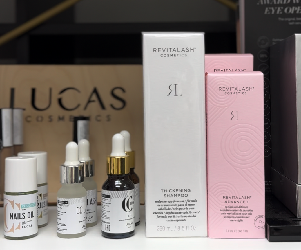 Shelf of lash-conditioning and aftercare products.