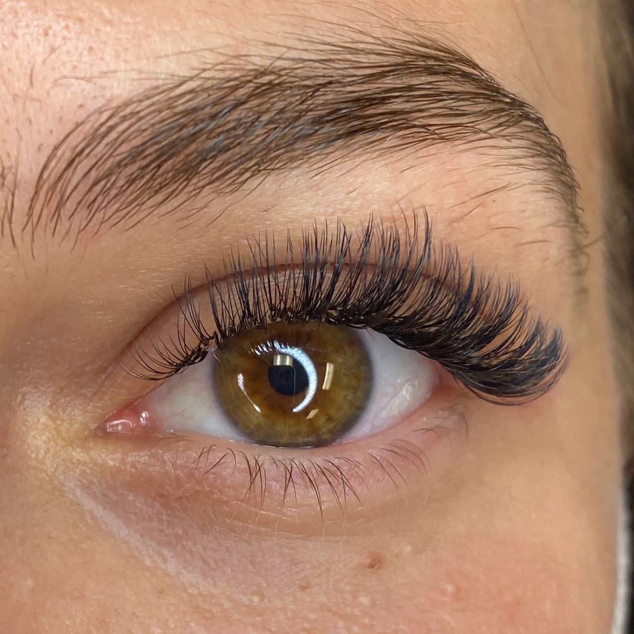 Close-up of a brown eye with voluminous eyelash extensions