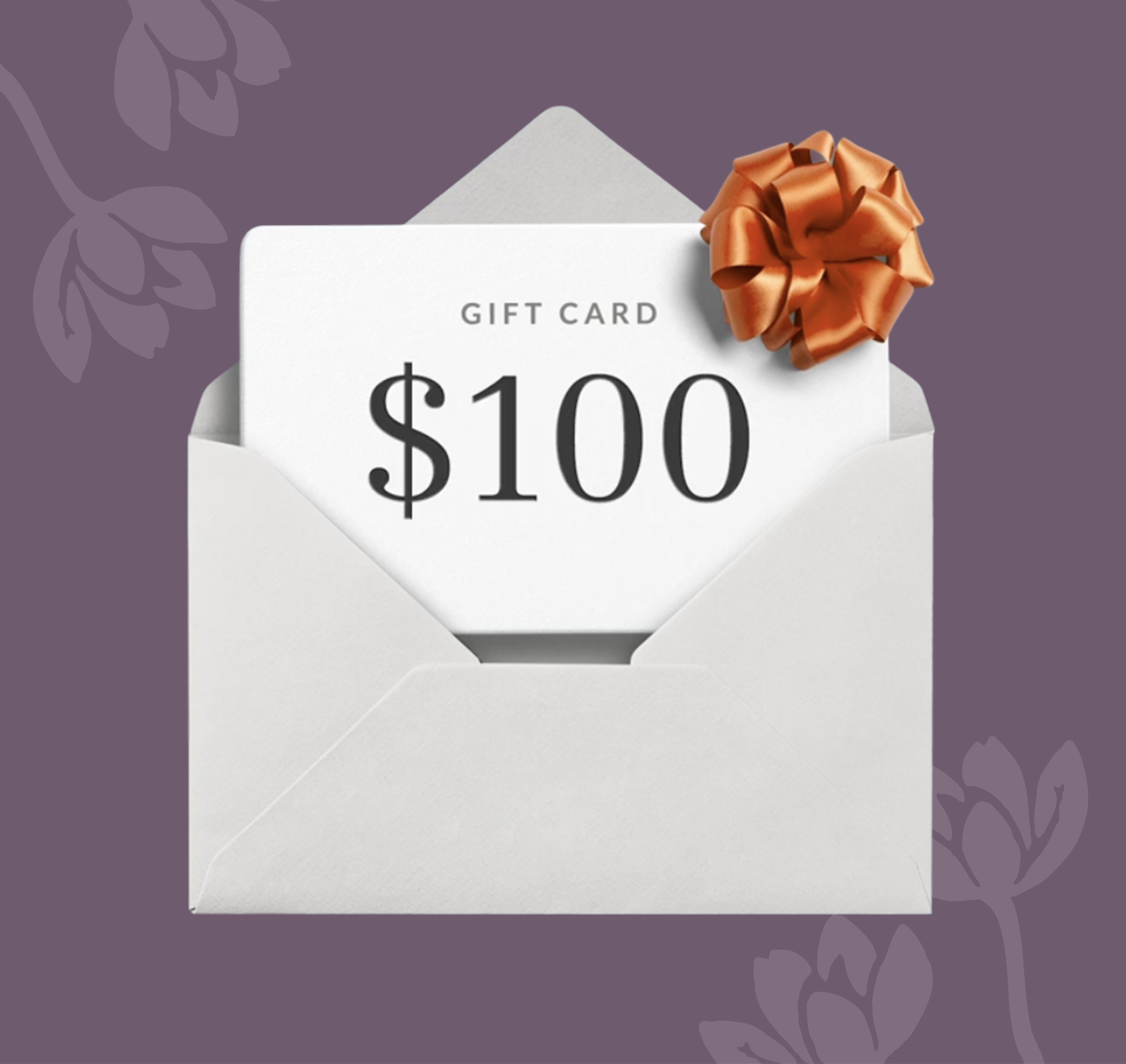 A $100 gift card with an orange bow in a white envelope.