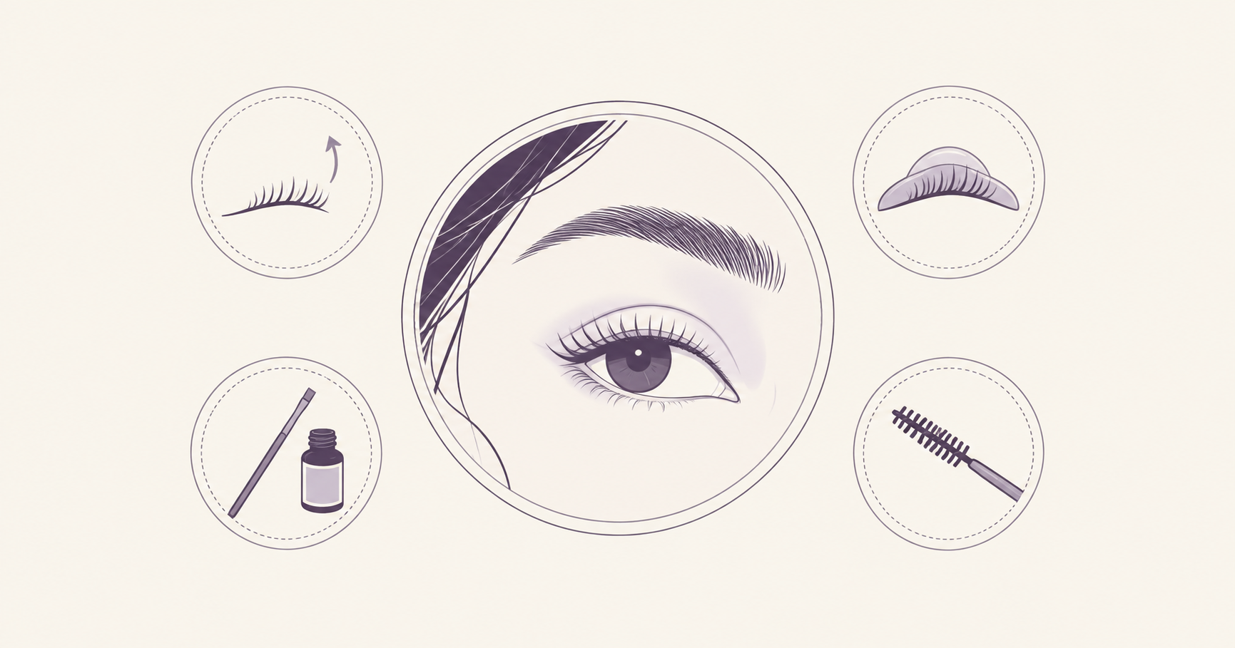 Illustration of short lifted eyelashes with a silicone shield, tint brush, and spoolie in purple on a cream background.