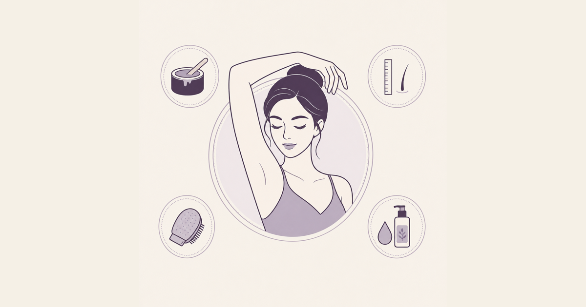 Illustration of gentle underarm waxing for sensitive skin, with a woman raising her arms and four preparation and aftercare icons.