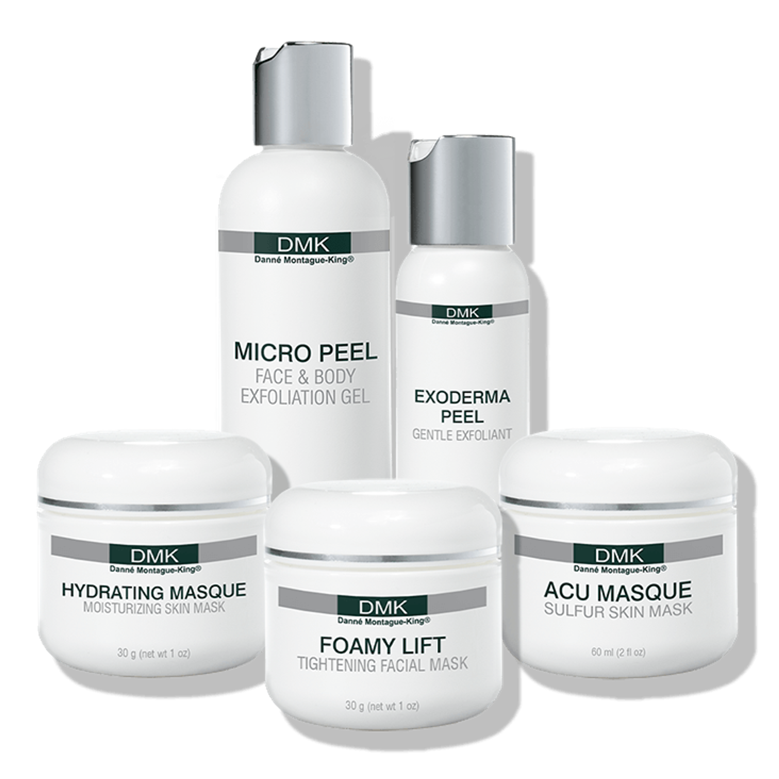 Five white DMK skincare products including exfoliation gels and masks.