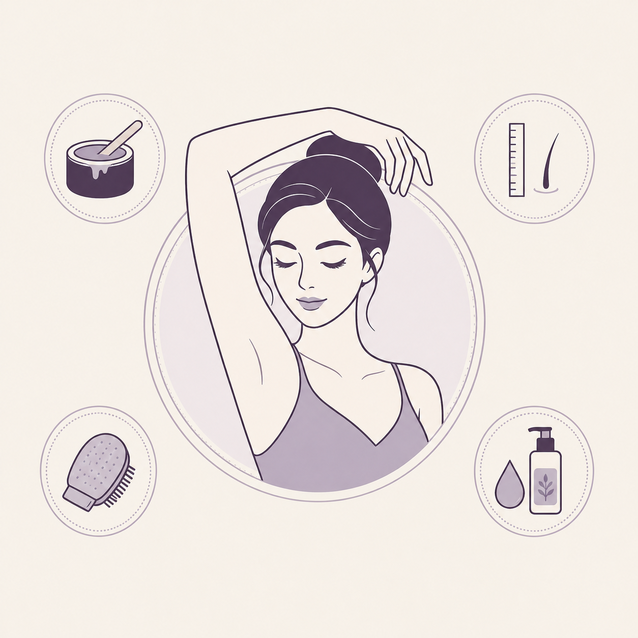 Illustration of gentle underarm waxing for sensitive skin, with waxing, hair-length, exfoliation, and aftercare icons.
