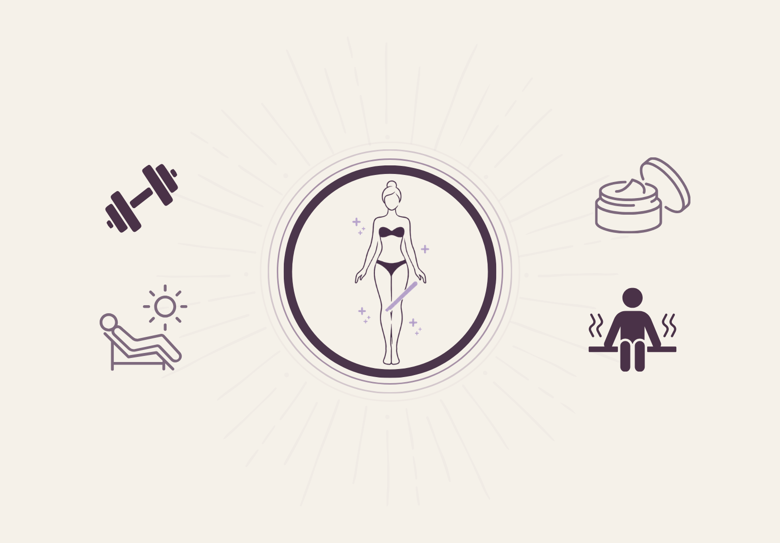A girl in lingerie after waxing, body cream, kettlebell, sun, sauna