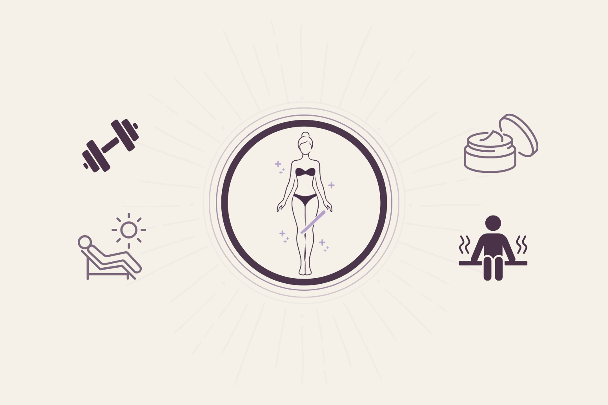 A girl in lingerie after waxing, body cream, kettlebell, sun, sauna