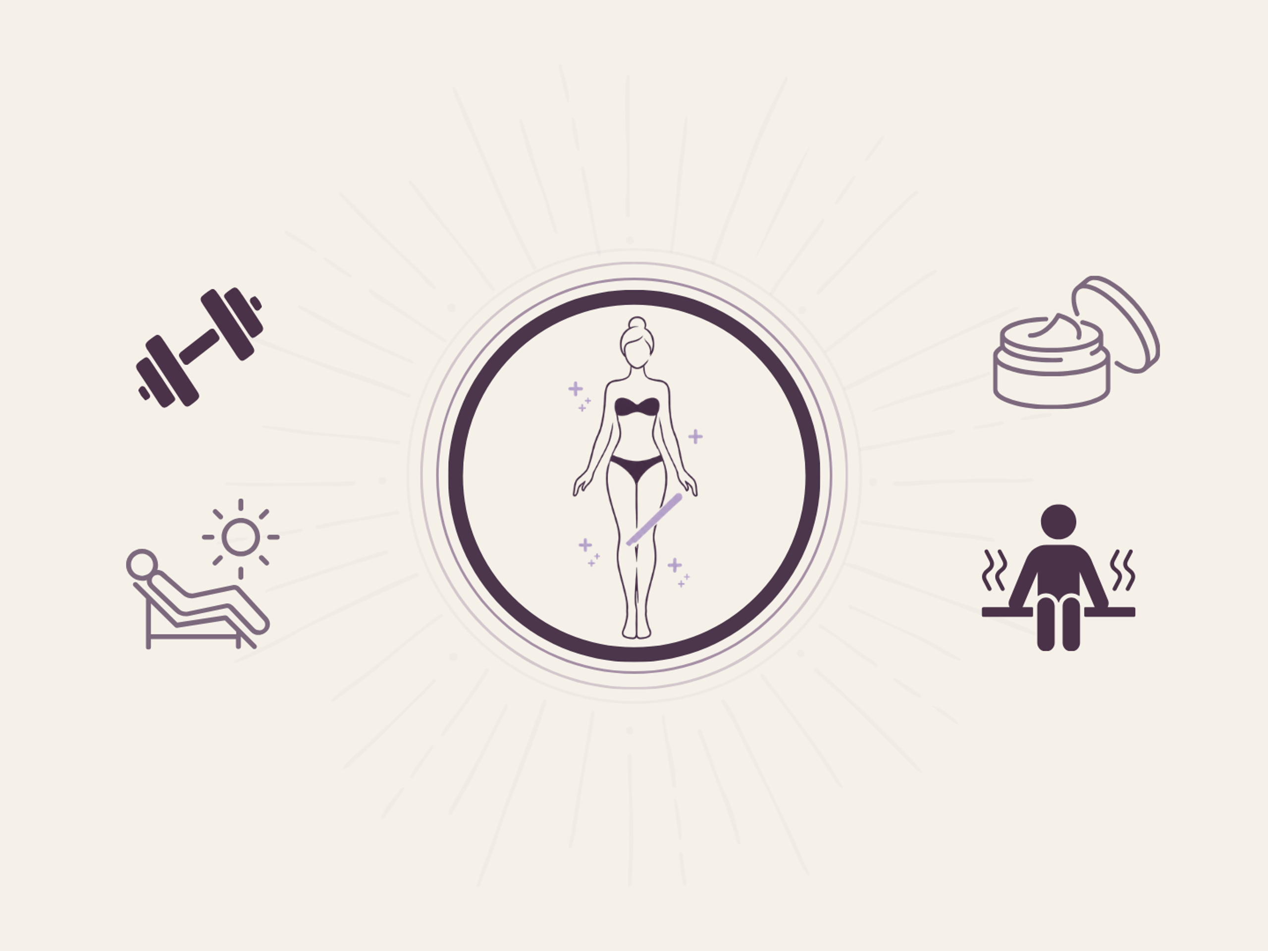 A girl in lingerie after waxing, body cream, kettlebell, sun, sauna