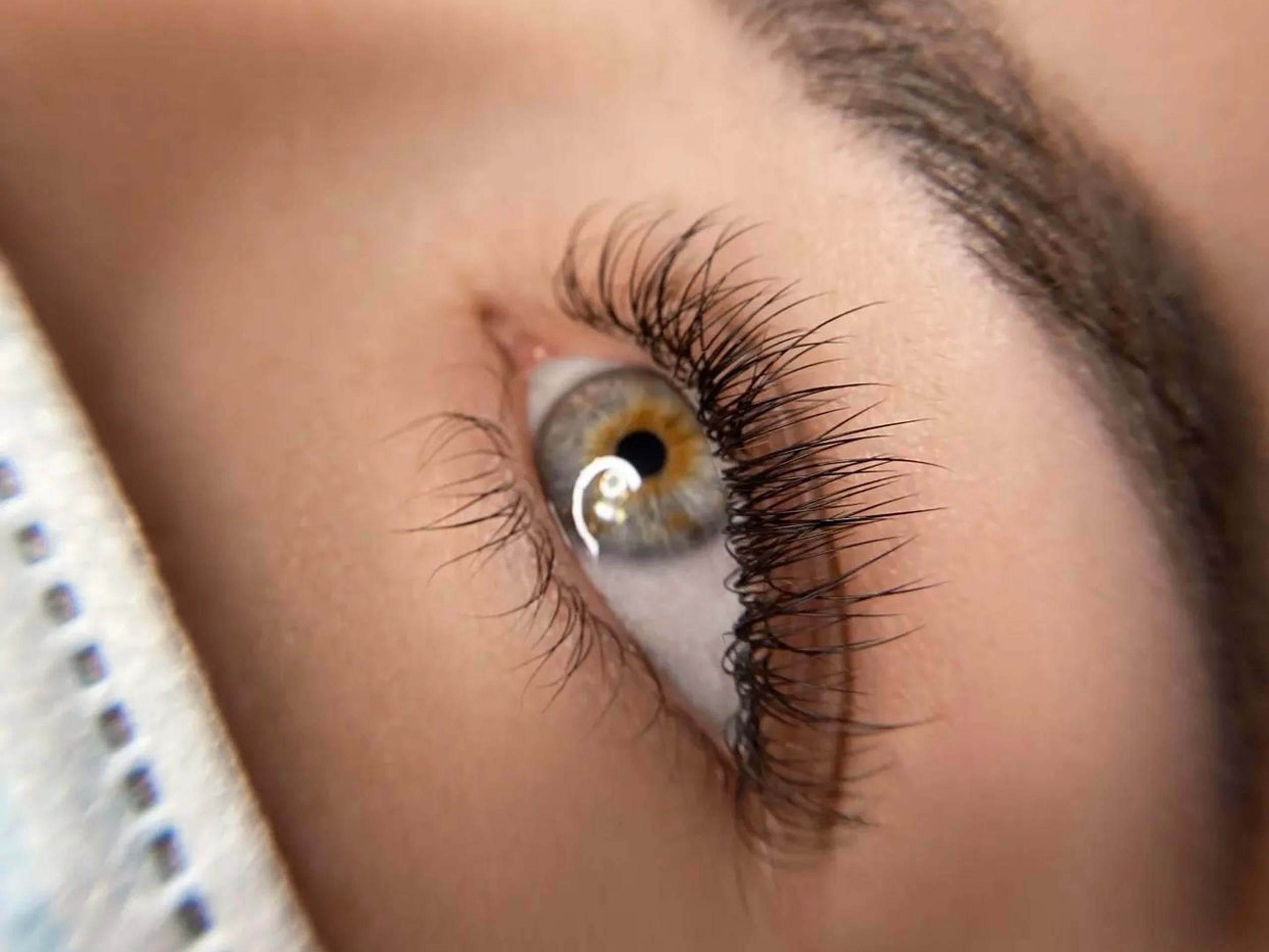 Close-up of an eye with long eyelashes and a hazel iris.