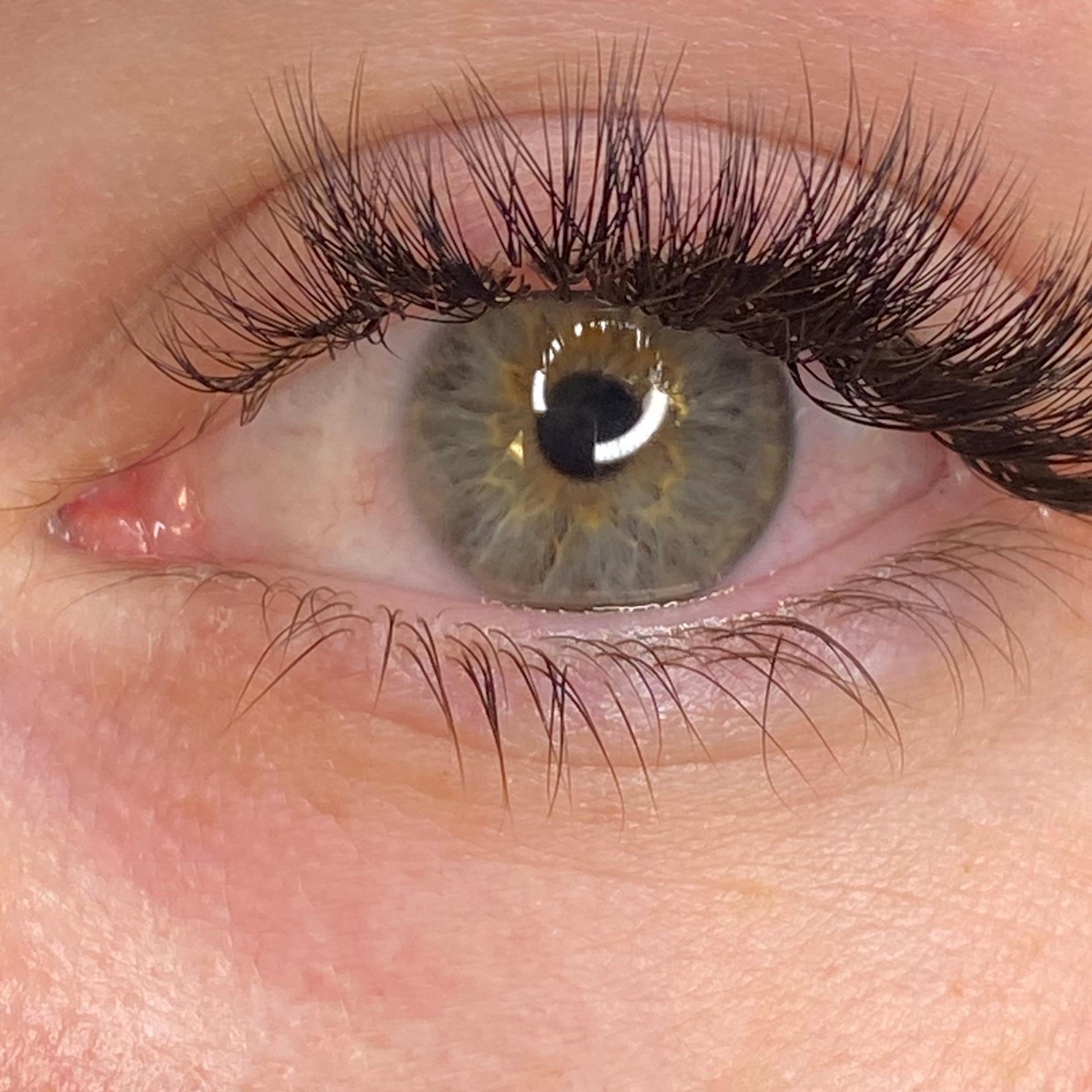 Close-up of a green eye with voluminous dark lash extensions