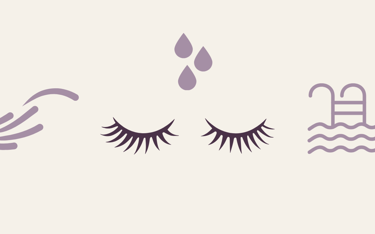 Eyelash extensions with water droplets falling on them, with a swimming pool and ocean waves in purple tones on a cream background.