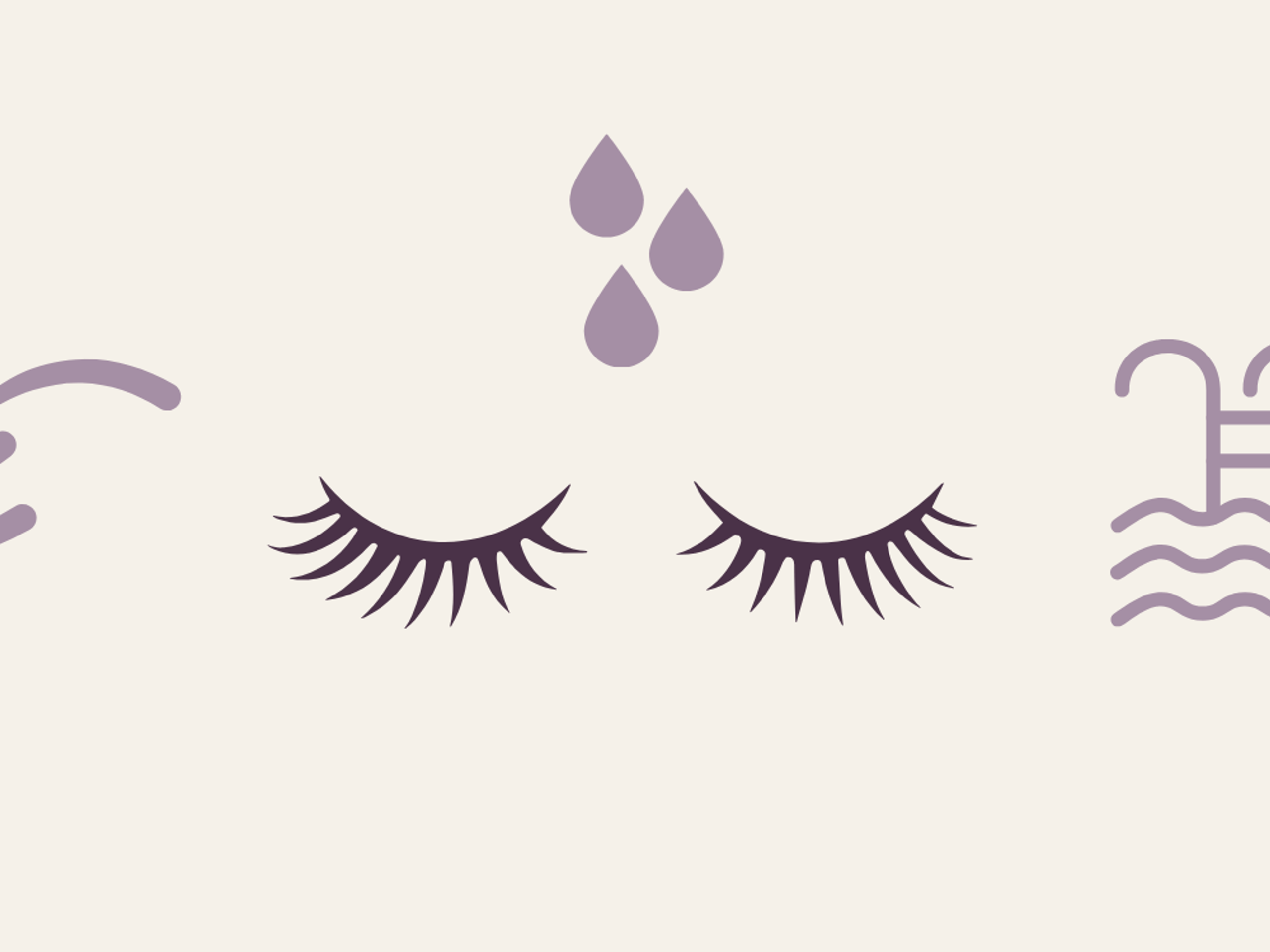 Eyelash extensions with water droplets falling on them, with a swimming pool and ocean waves in purple tones on a cream background.