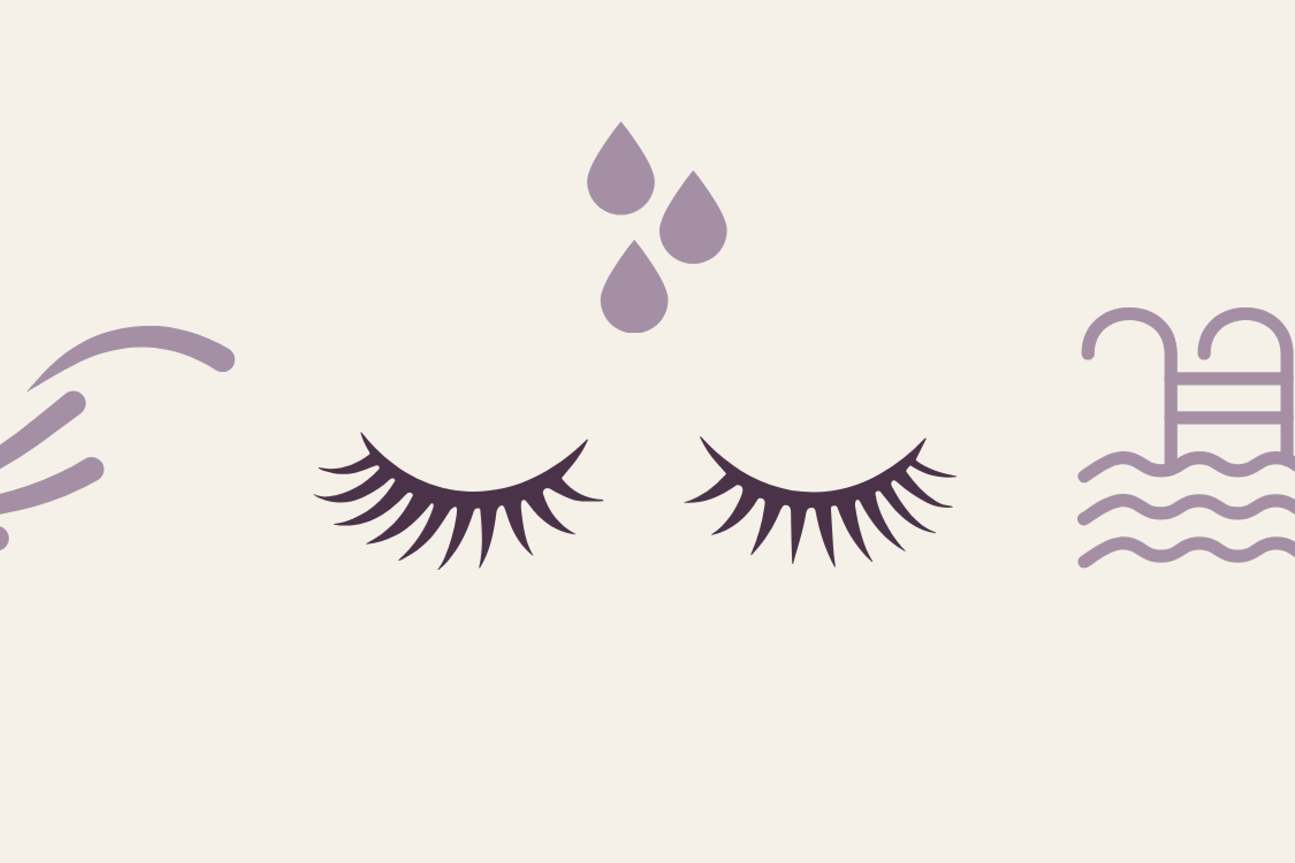 Eyelash extensions with water droplets falling on them, with a swimming pool and ocean waves in purple tones on a cream background.