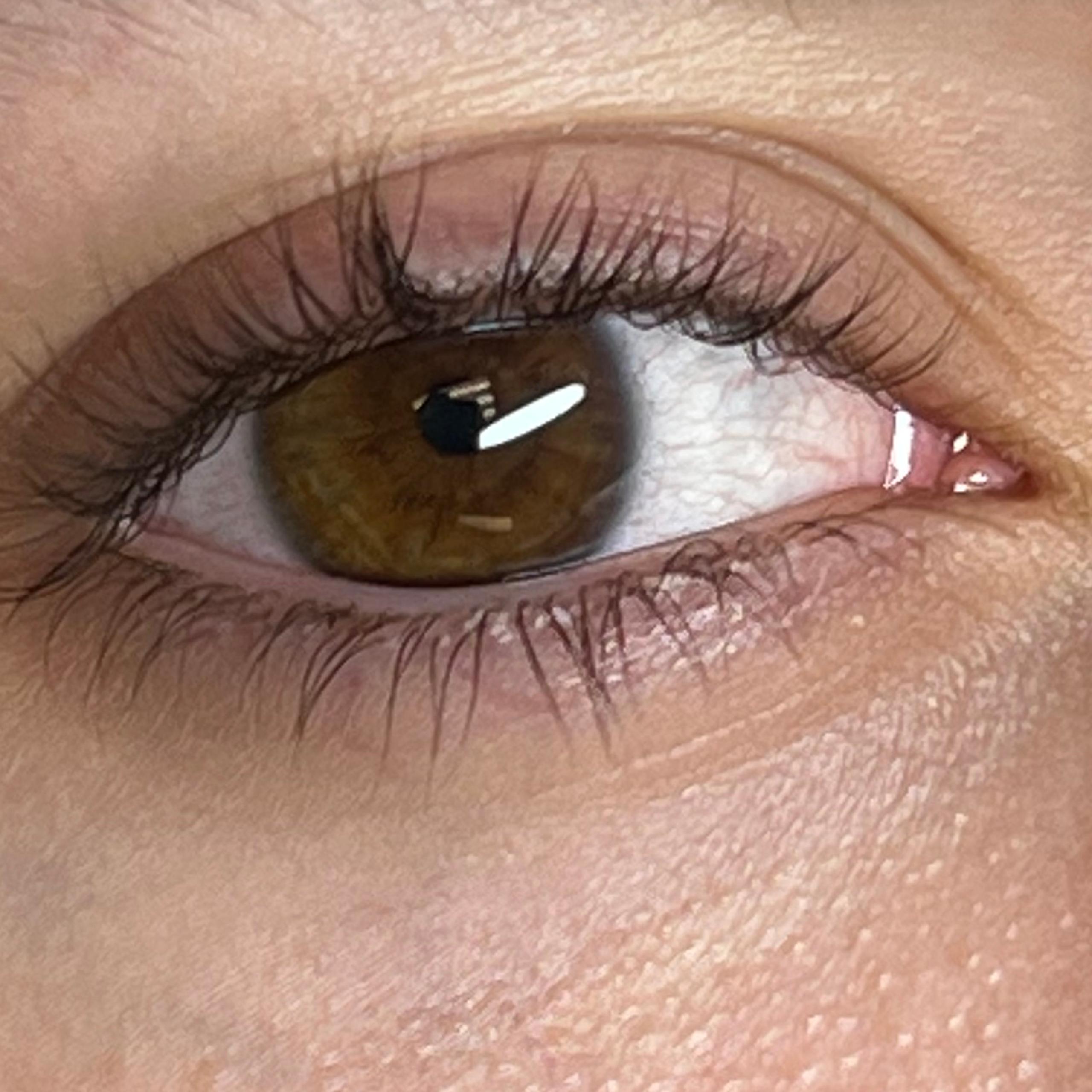 Close-up of a brown eye with natural lashes and a dark eyebrow.