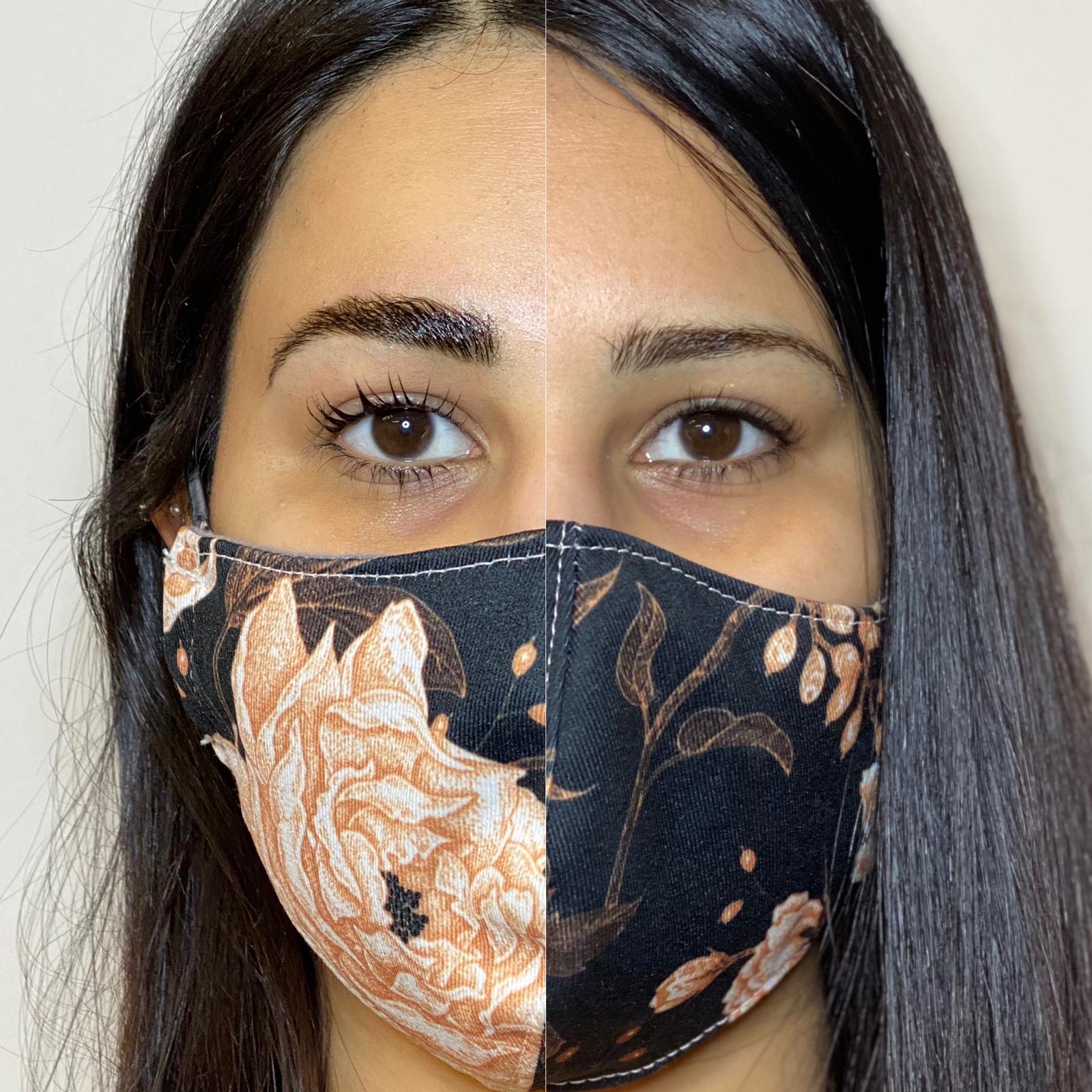 Half of a woman's face shows a styled eyebrow and lifted lashes, contrasted with the other half showing natural features