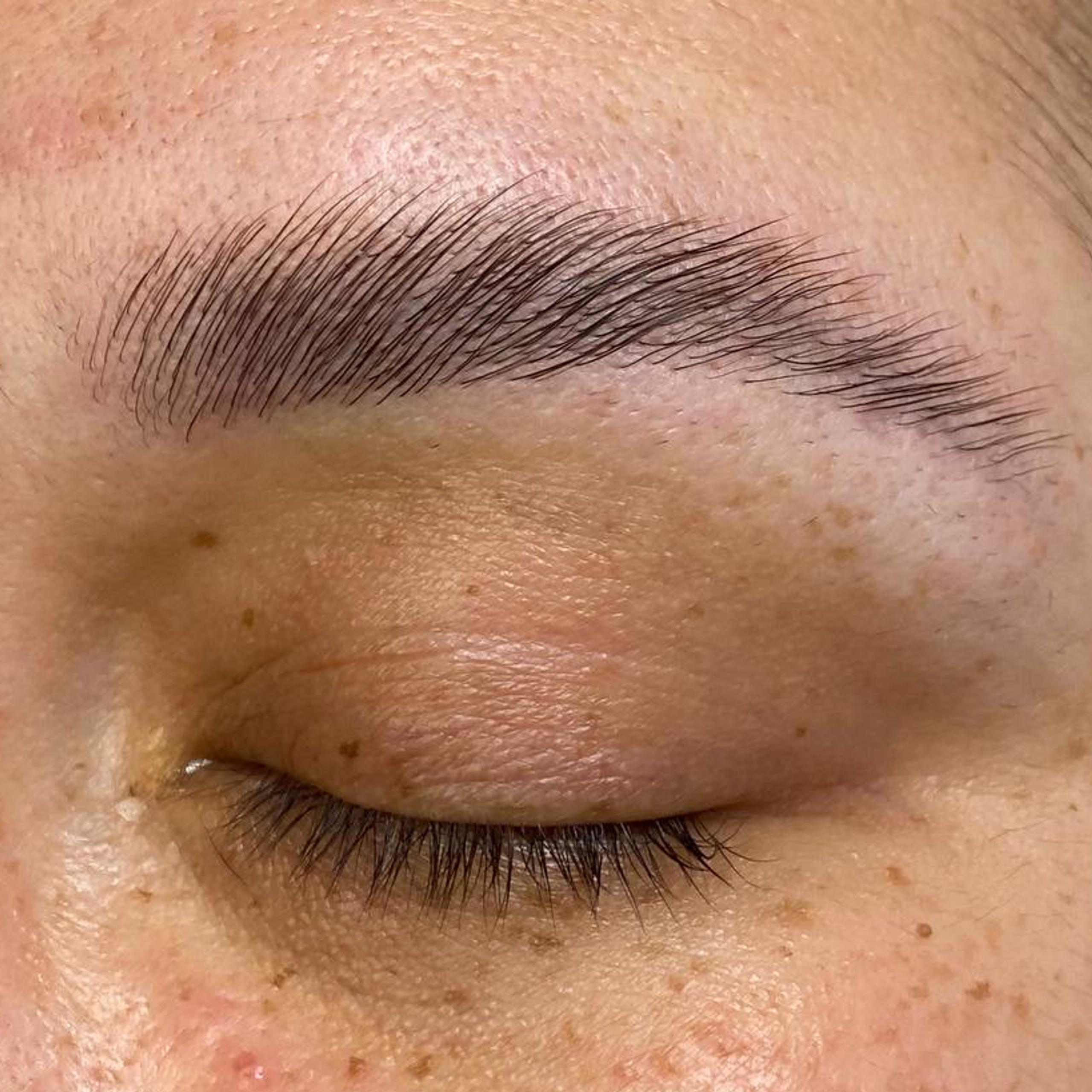 Close-up of a closed eye with laminated, brushed up eyebrows