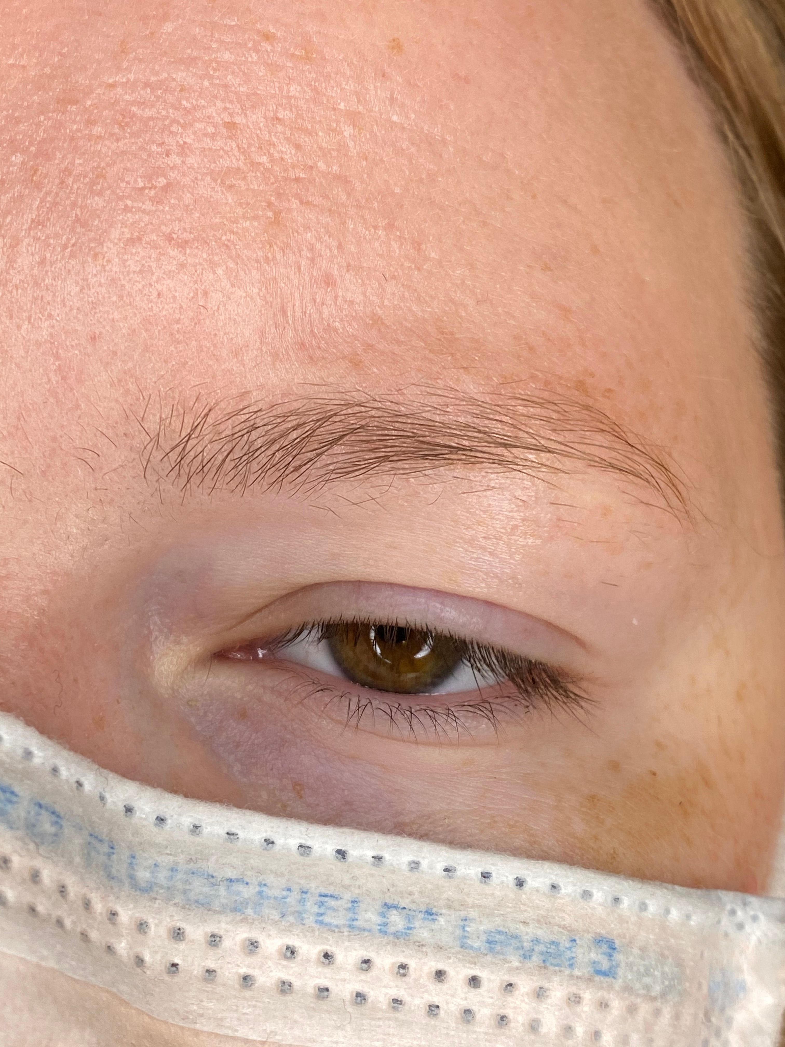 Before brow tinting: close-up of a client's natural light-brown eyebrow.