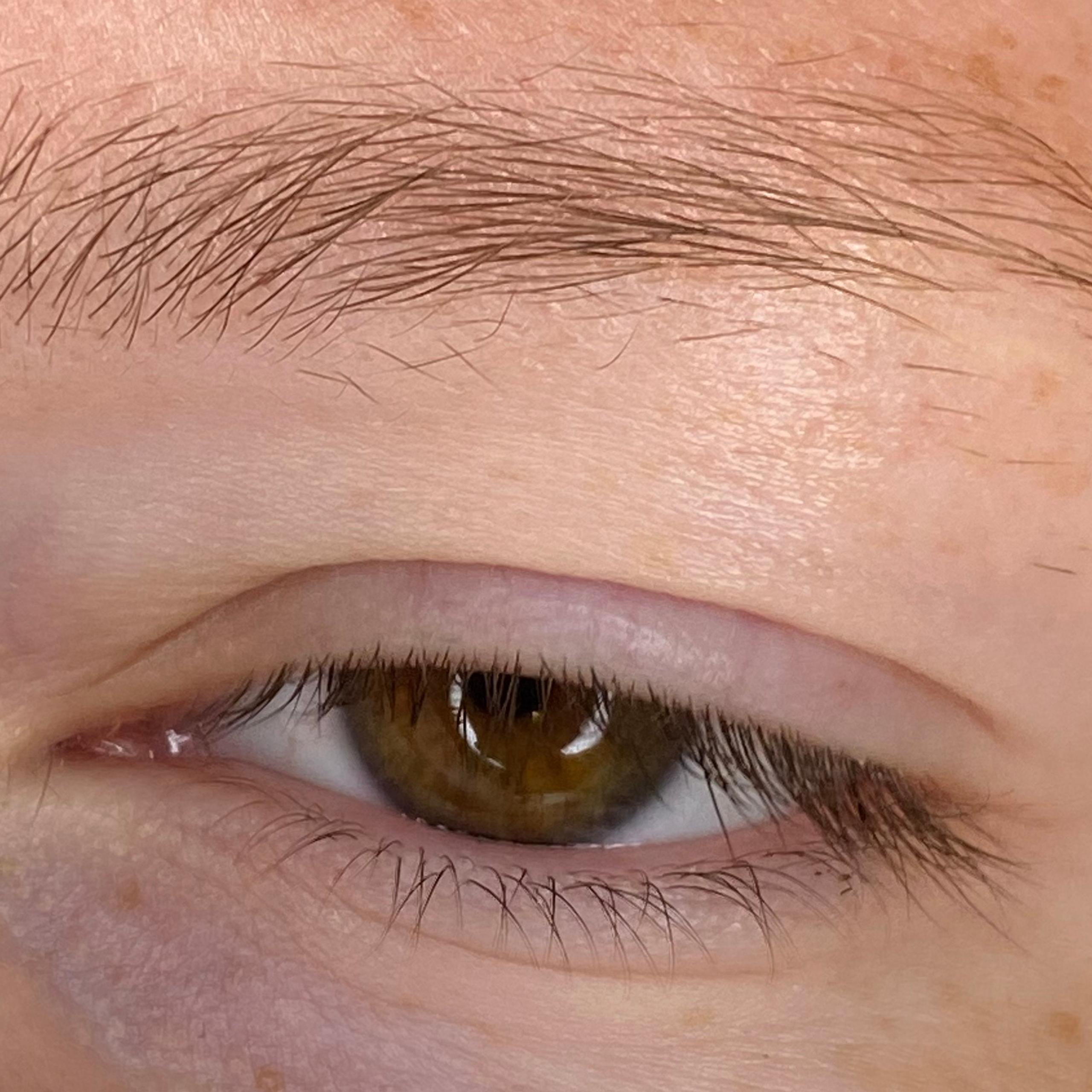 Close-up of a person's brown eye and light colored eyebrow