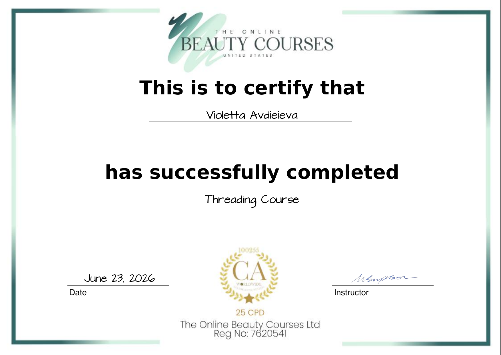 Threading Course certificate for Violetta Avdieieva, dated June 23, 2026.