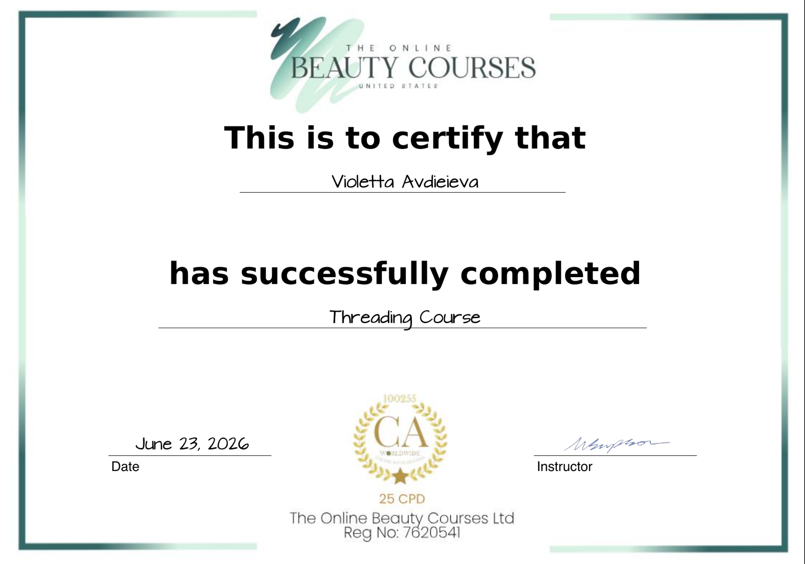Threading Course certificate for Violetta Avdieieva, dated June 23, 2026.