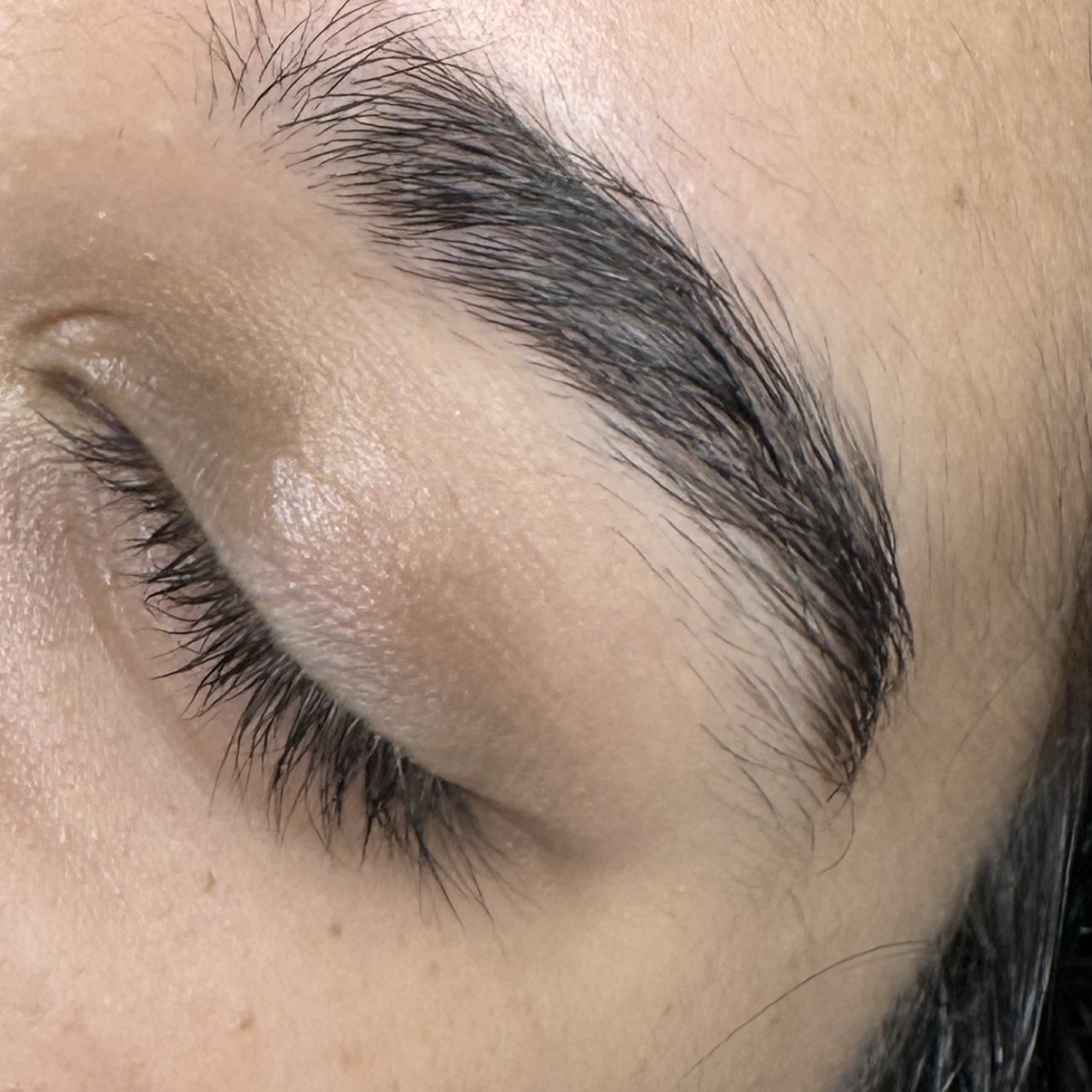 Close-up of a closed eye with a thick dark eyebrow.
