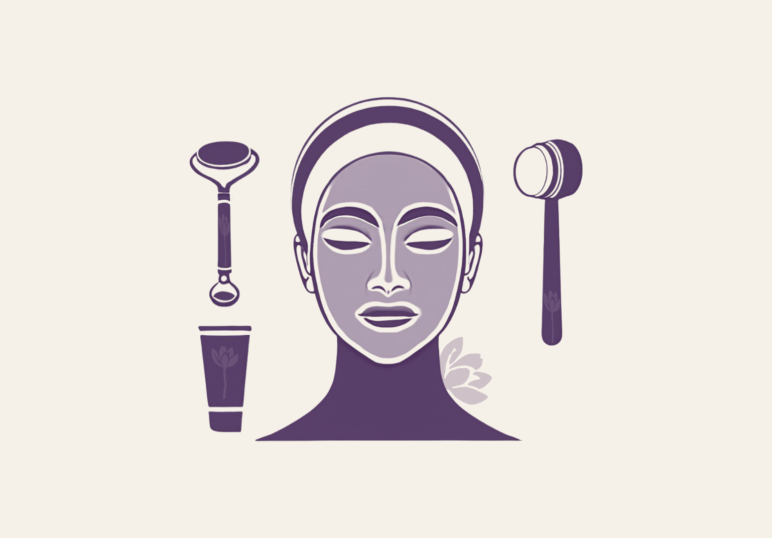 girl's face contour, cosmetic tools for skin care, flowers
