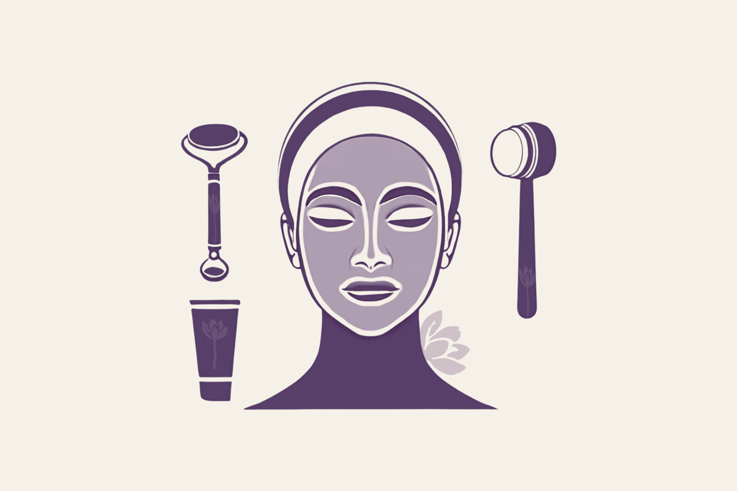 girl's face contour, cosmetic tools for skin care, flowers
