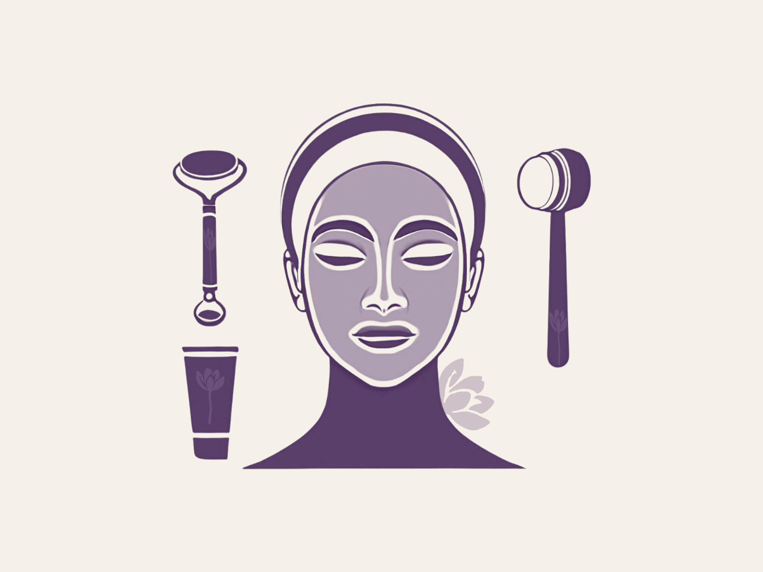 girl's face contour, cosmetic tools for skin care, flowers