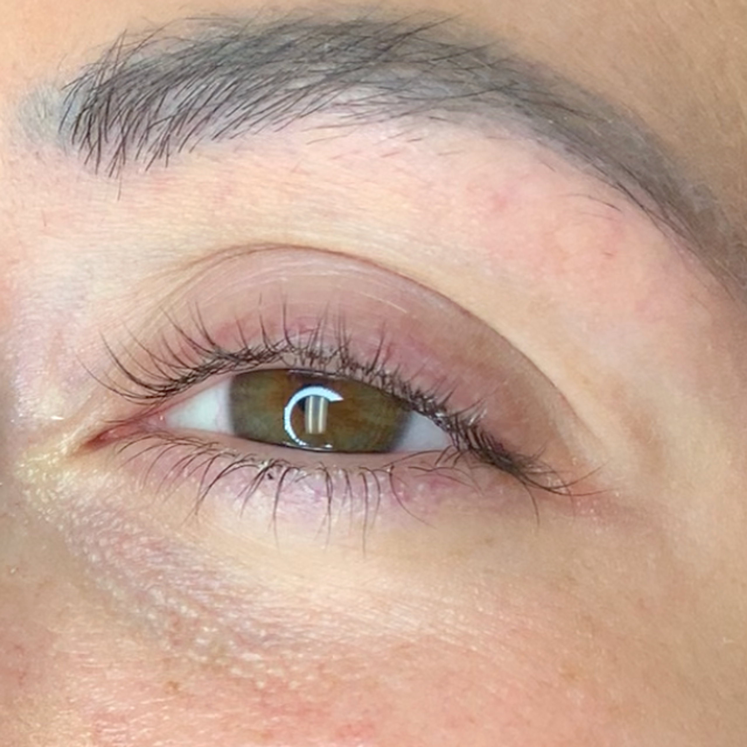 Close-up of a person's eye with a brown iris, curled eyelashes, and natural eyebrow.