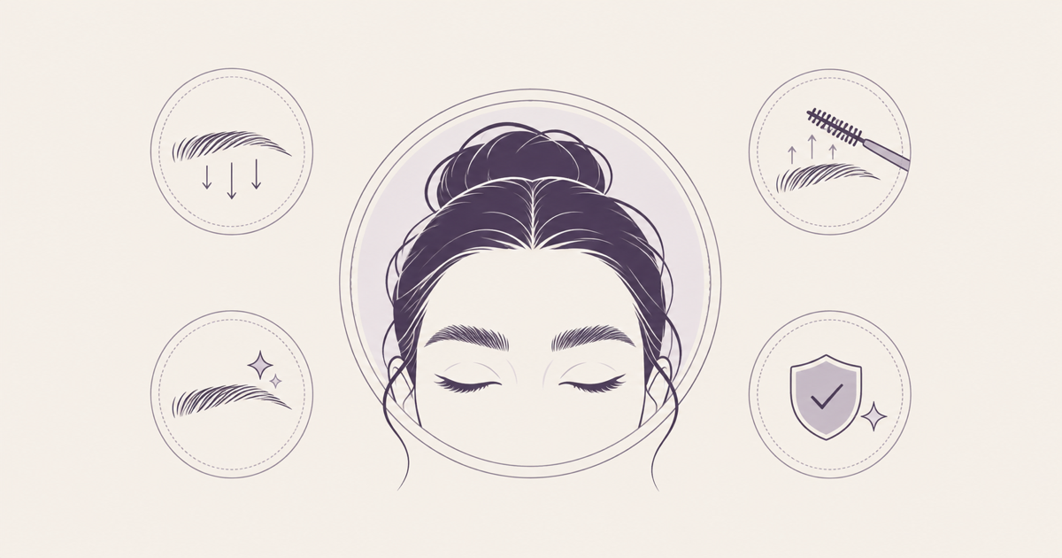 Brow lamination candidate infographic showing uneven growth, fuller brows, upward brushing, and healthy skin.