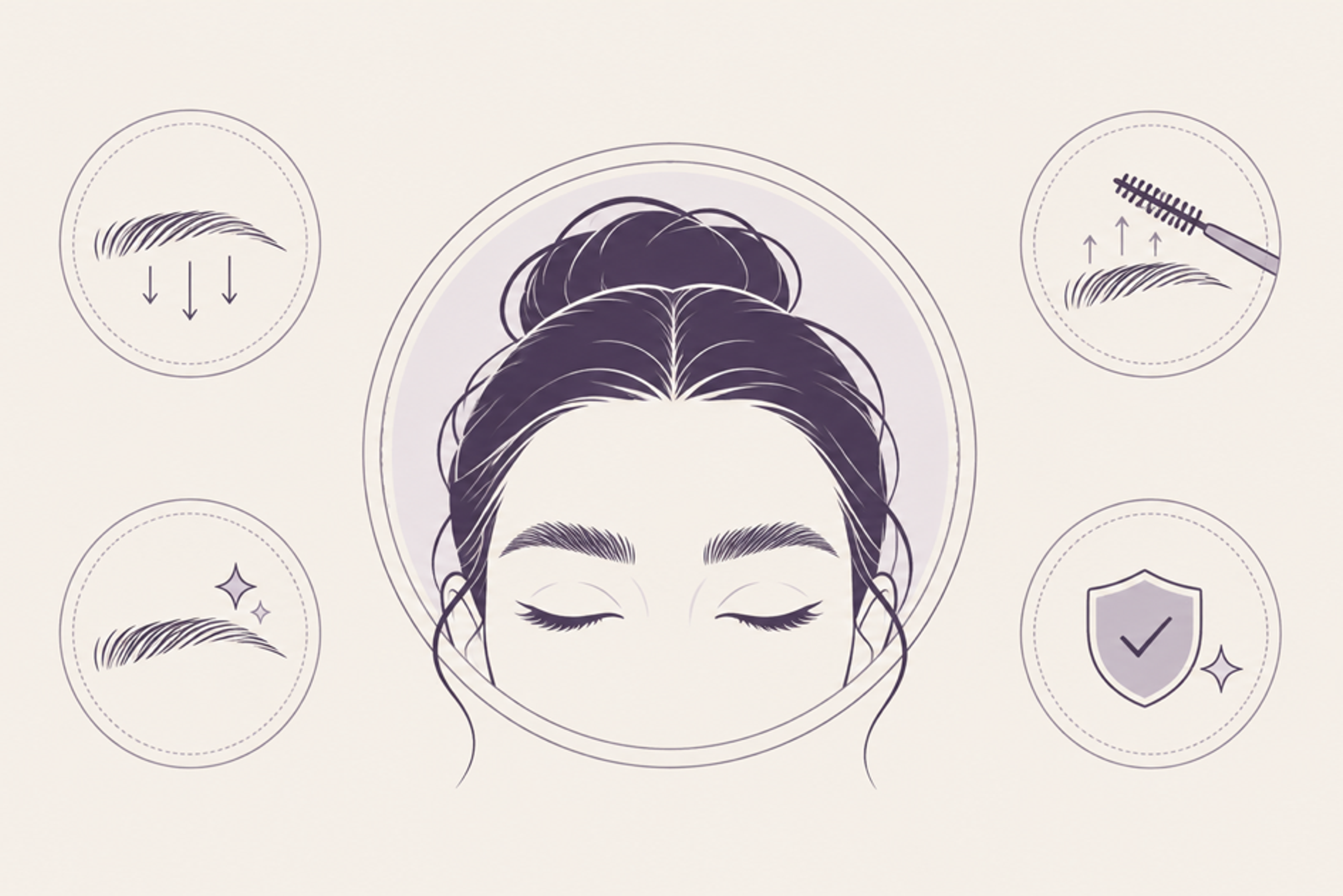 Brow lamination candidate infographic showing uneven growth, fuller brows, upward brushing, and healthy skin.