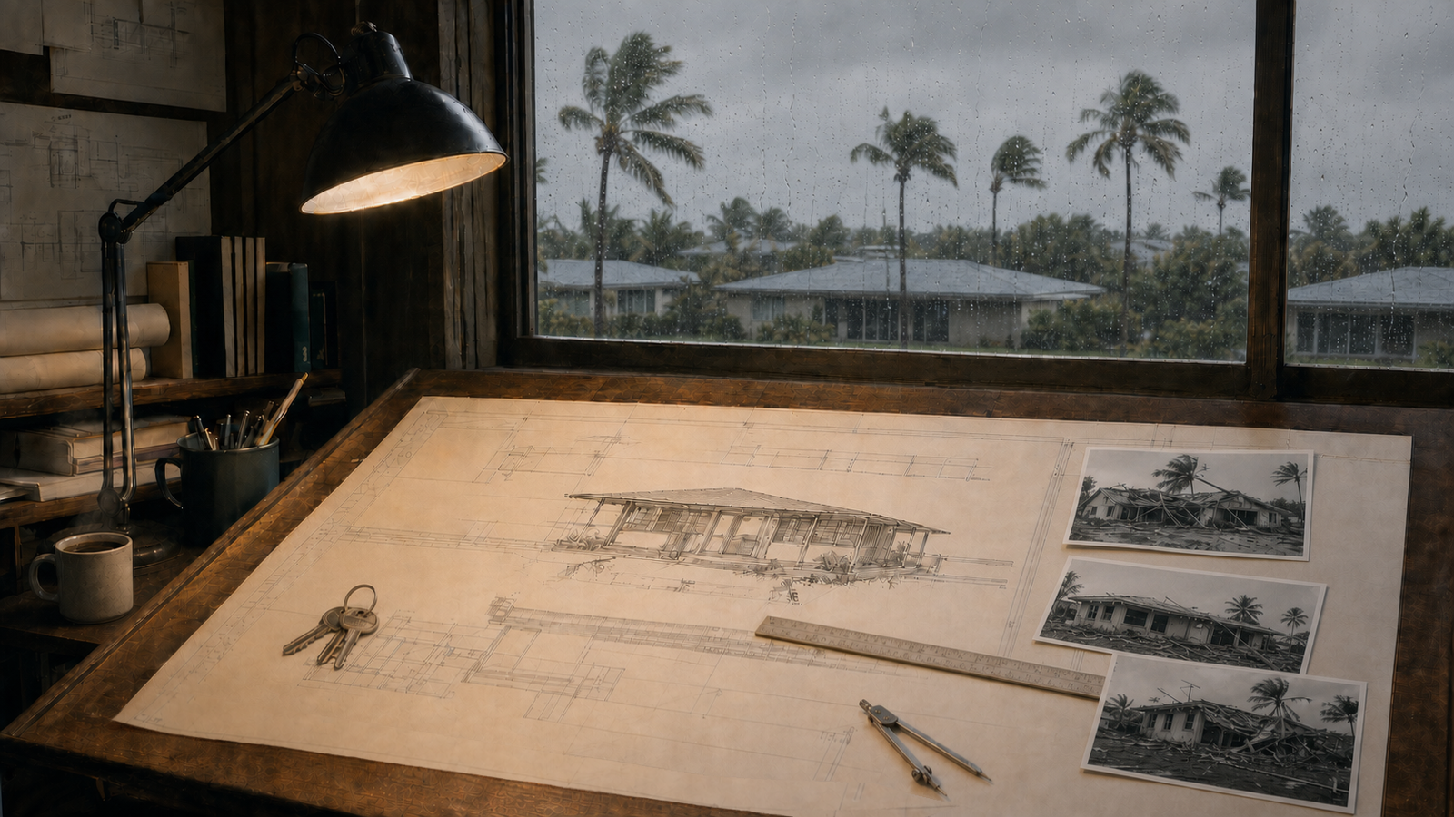 Un estudio de dibujo de la década de 1970 vacío, con planos de viviendas resistentes a huracanes, fotografías de daños, café humeante y llaves mientras llueve al otro lado de la ventana.