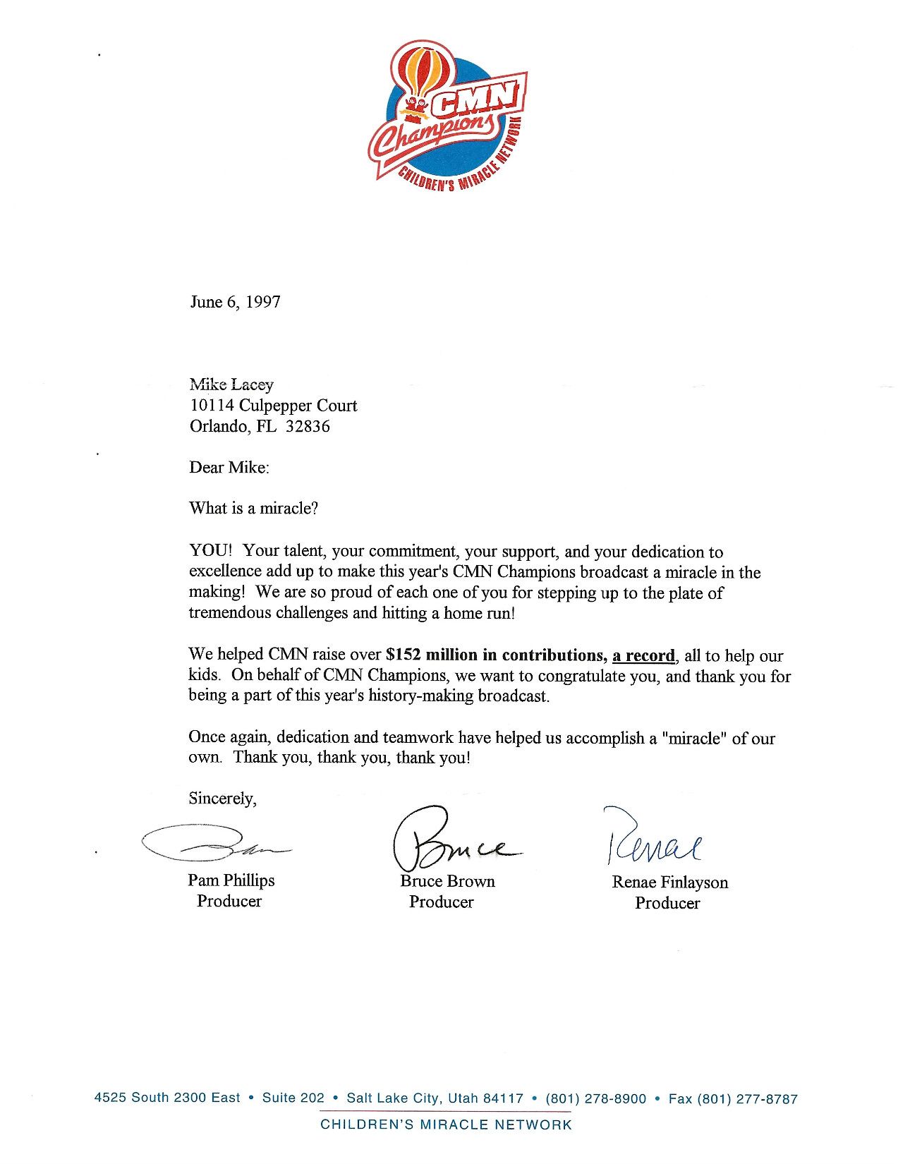 Children's Miracle Network 1997 letter