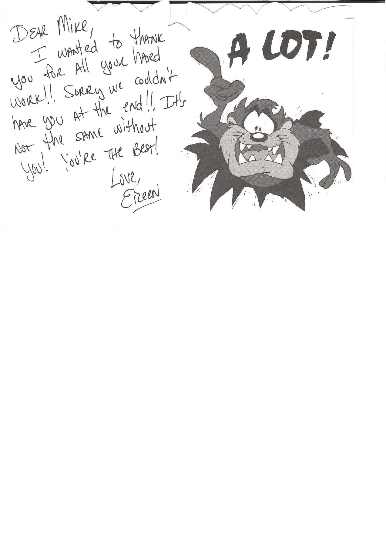 Thank you note from Eileen