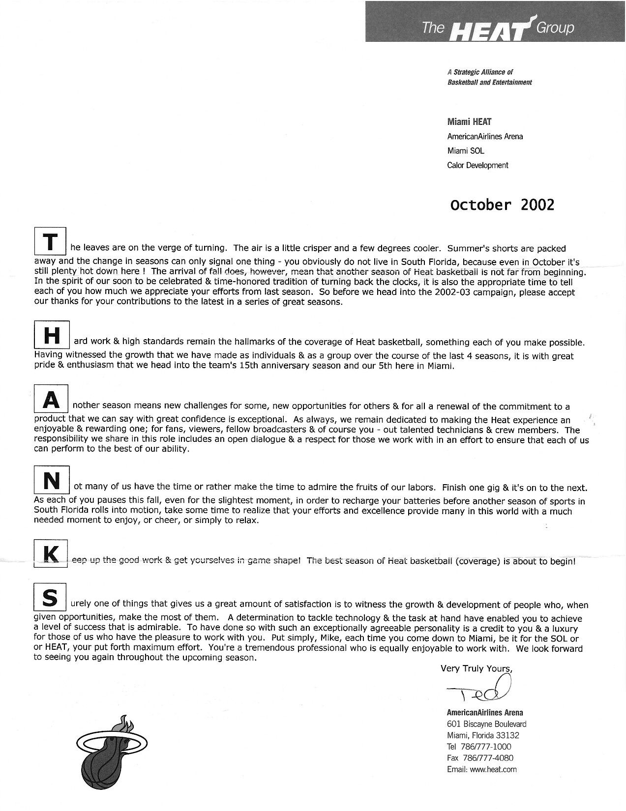 Miami Heat - Ted Ballard letter