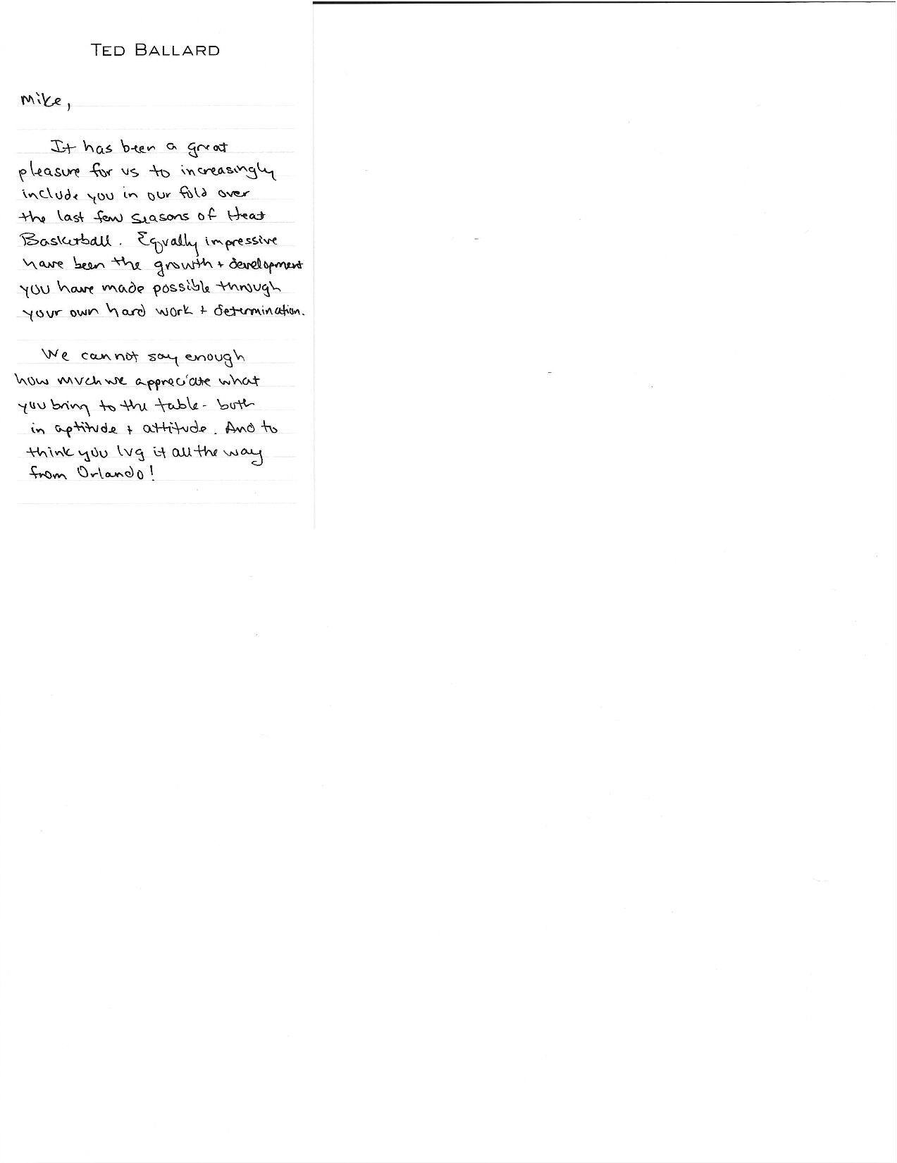 Ted Ballard - Miami Heat letter