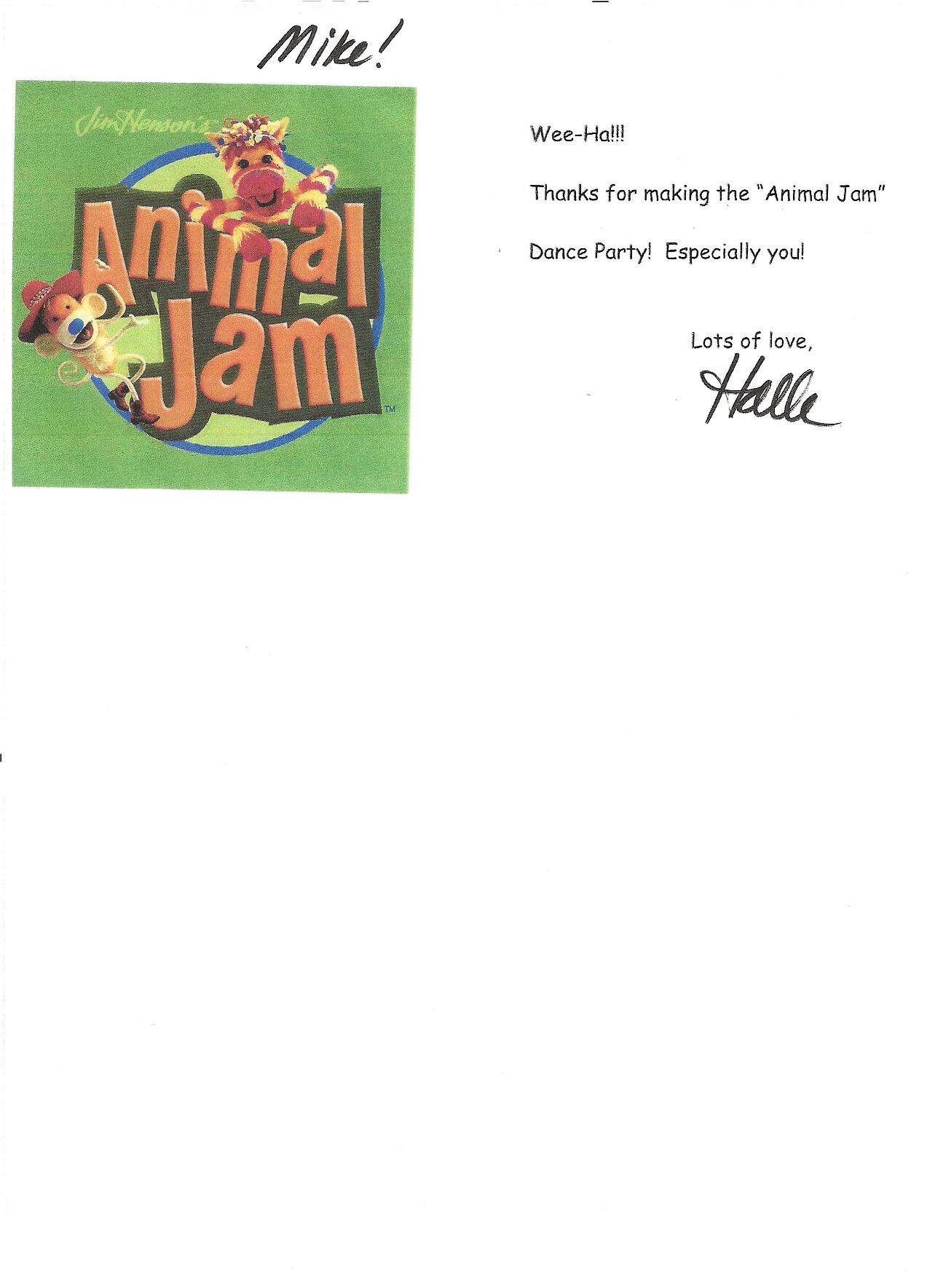 Animal Jam thank you letter