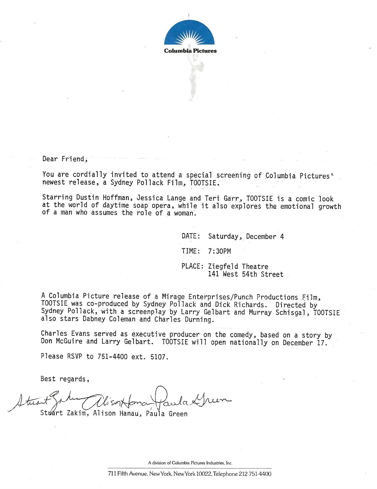 Tootsie production letter