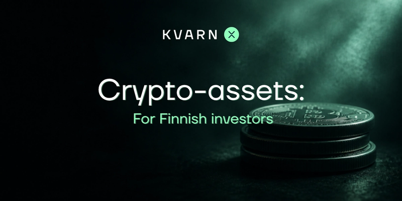 Stack of dark metal bitcoin coins in a teal light beam with the text Crypto-assets: For Finnish investors