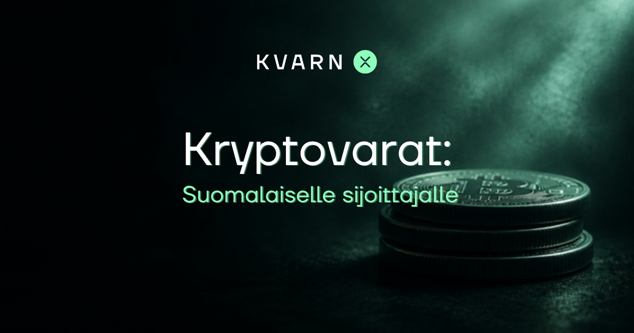 Tummia bitcoin-metallikolikoita turkoosissa valokeilassa ja teksti Kryptovarat: Suomalaiselle sijoittajalle
