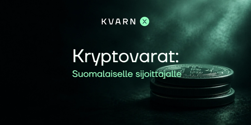 Tummia bitcoin-metallikolikoita turkoosissa valokeilassa ja teksti Kryptovarat: Suomalaiselle sijoittajalle