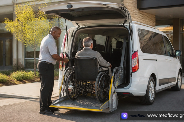 Wheelchair-accessible NEMT vehicle and driver outside a medical clinic.