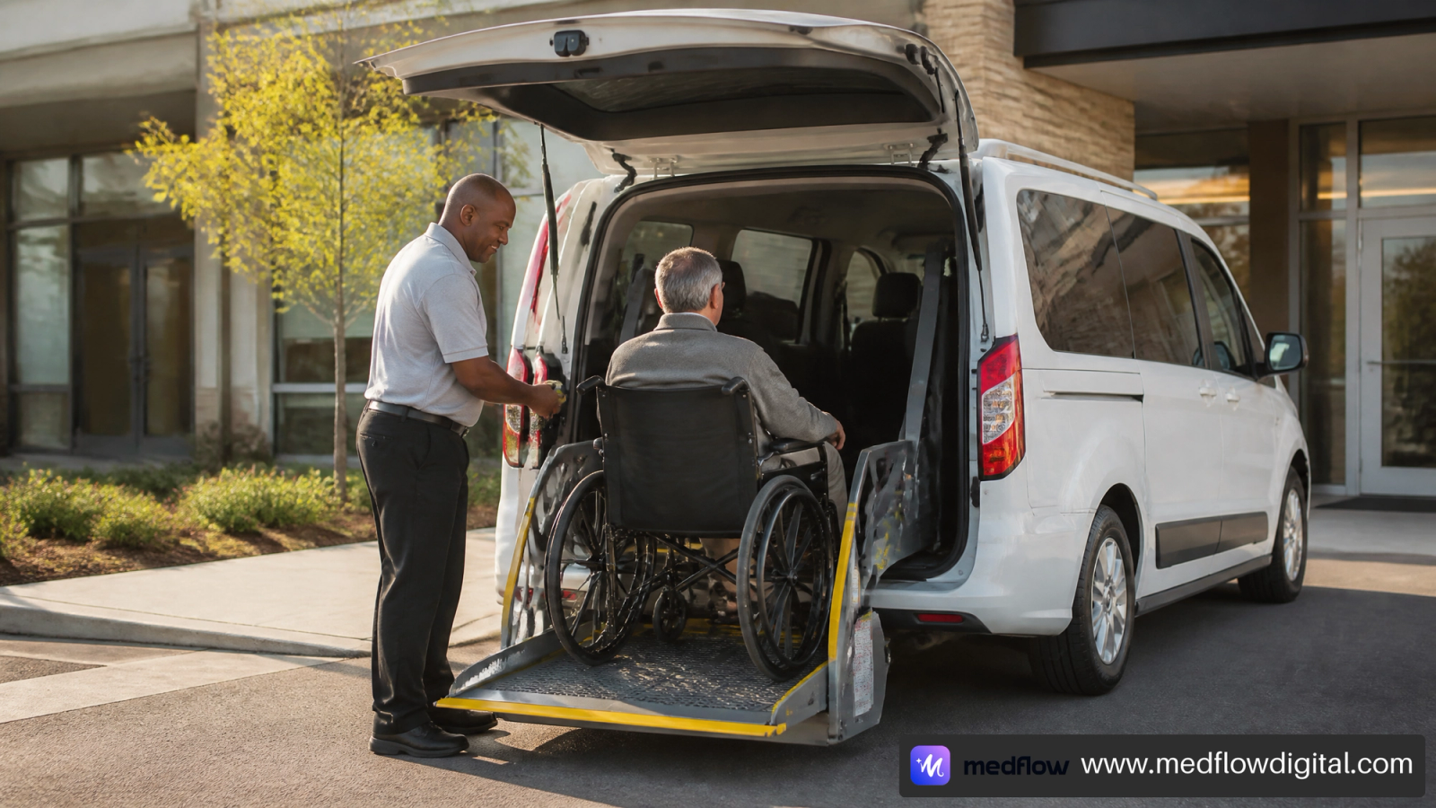 Wheelchair-accessible NEMT vehicle and driver outside a medical clinic.
